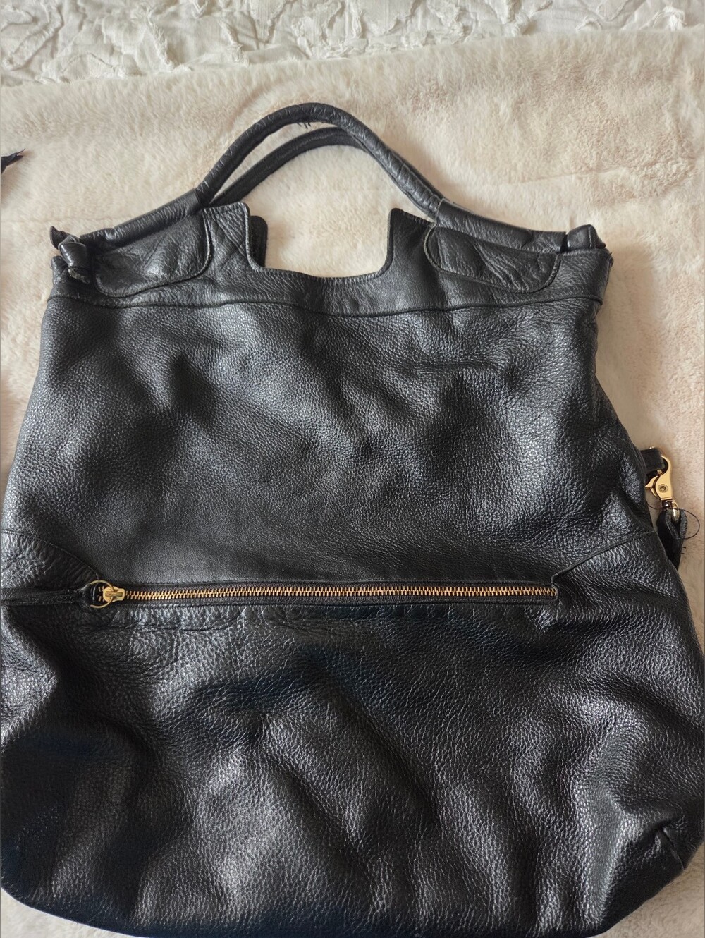 Anna Corinna Black Leather Tote Bag with Exterior Zip Pocket